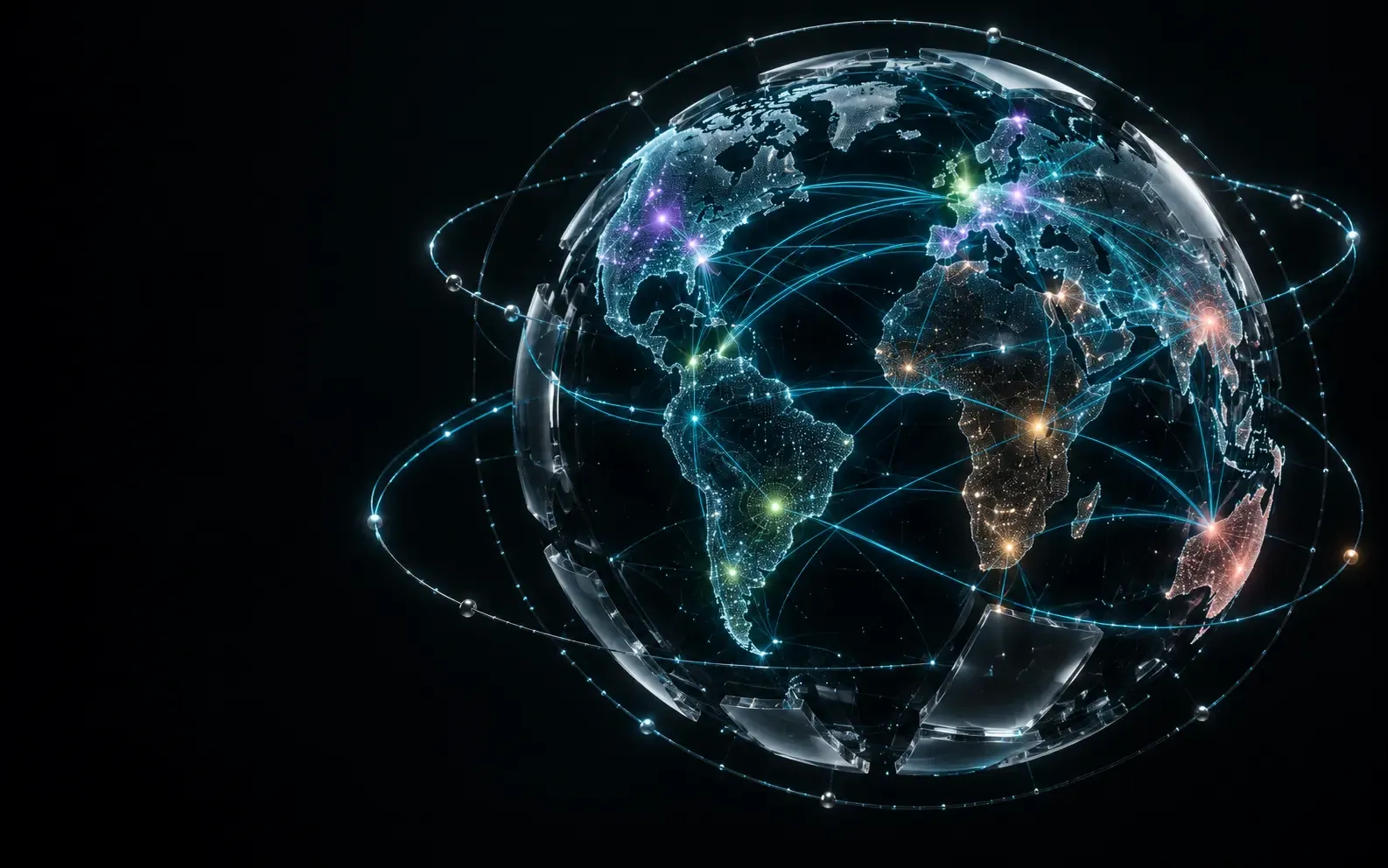 A globe traced with luminous connection arcs between PayTech Group's hubs
