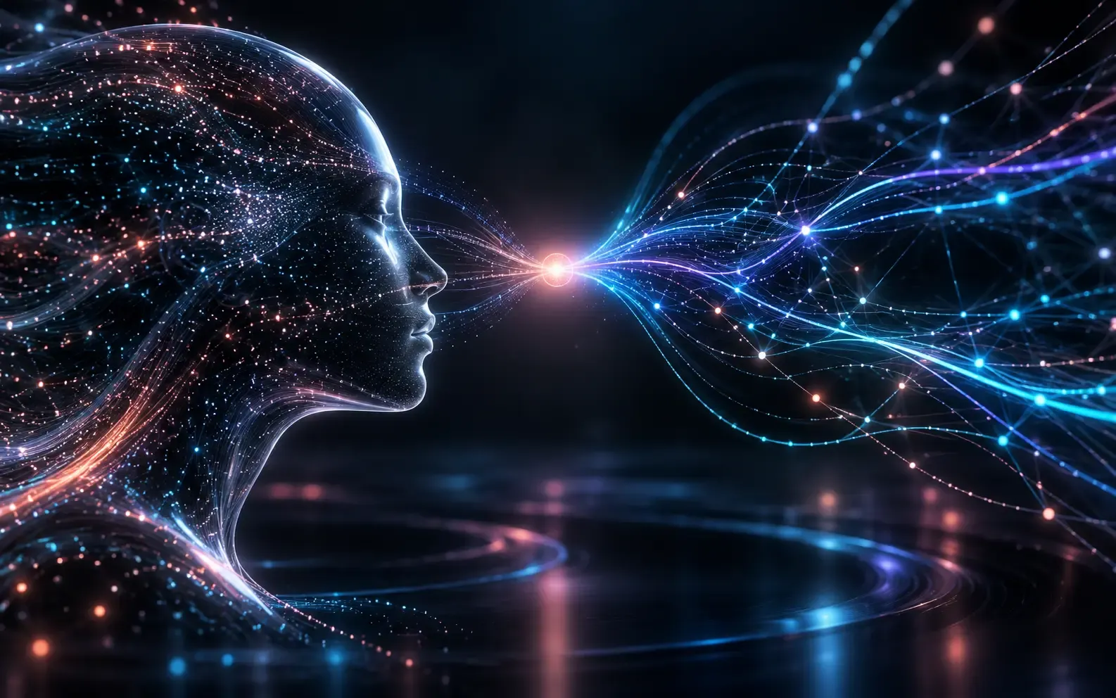 An abstract profile formed from streams of light, where human expertise meets machine intelligence
